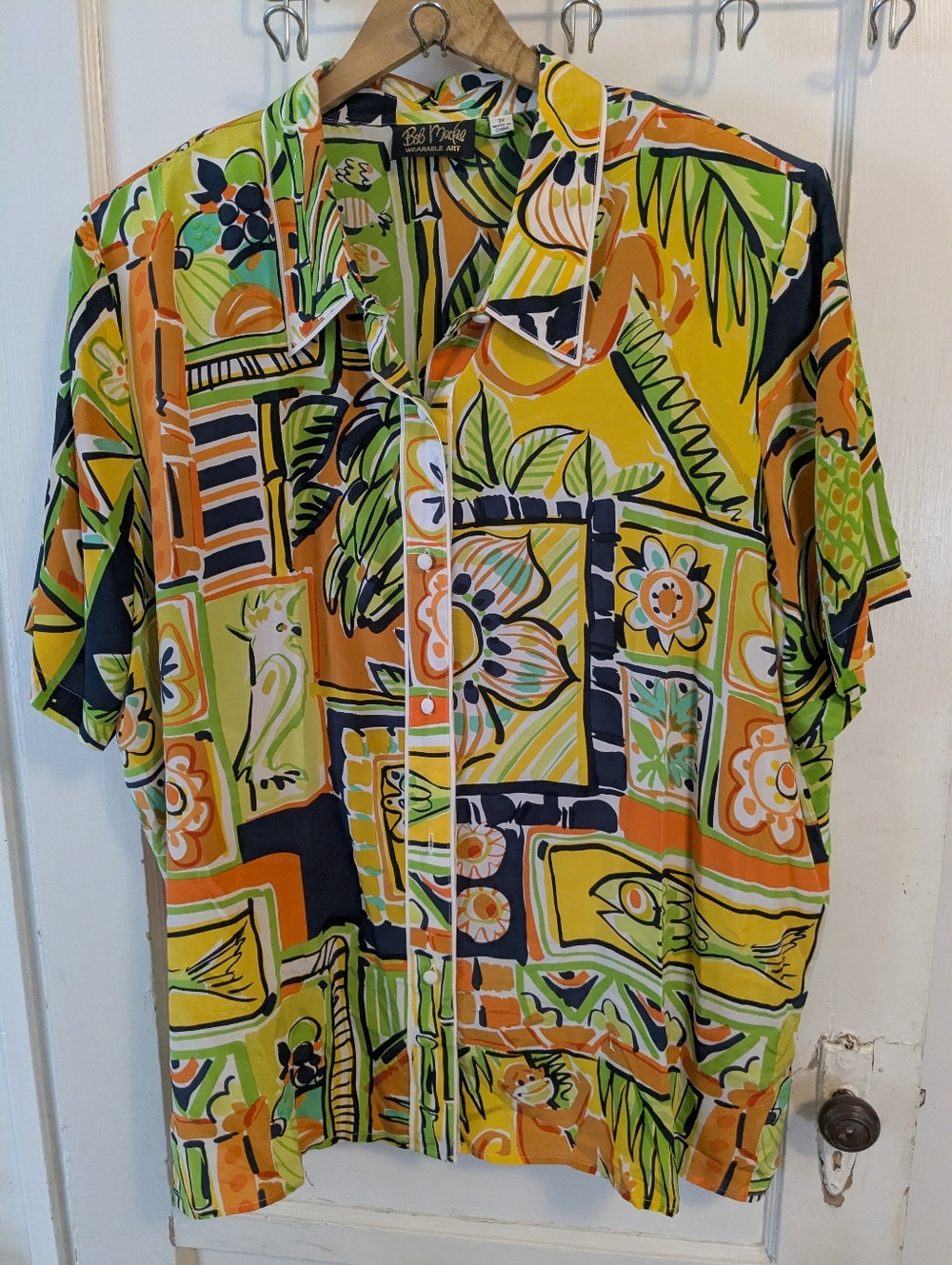 Bob Mackie Wearable Art - size 3X - Yellow & Green Tropical Print Silk Shirt